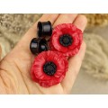Red poppy ear plug, hoop earrings with wildflower