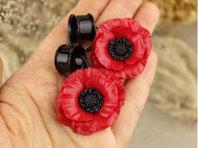 Red poppy flower hoop ear hangers 6-25mm Red poppy flower hoop ear hangers 6-25mm