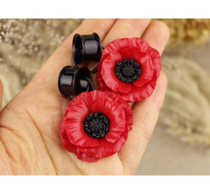Red poppy ear plug, hoop earrings with wildflower