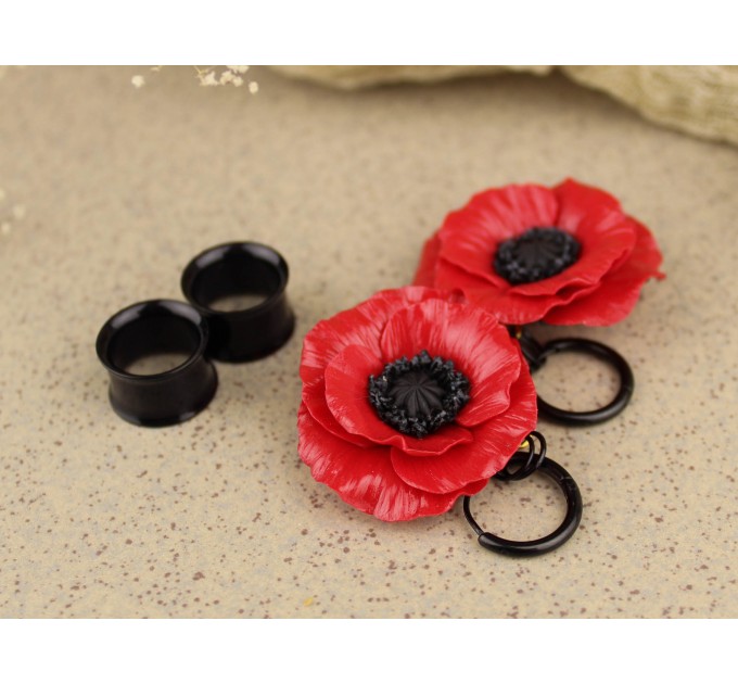 Red poppy ear plug, hoop earrings with wildflower