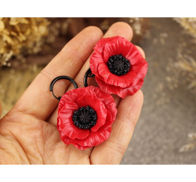 Red poppy ear plug, hoop earrings with wildflower