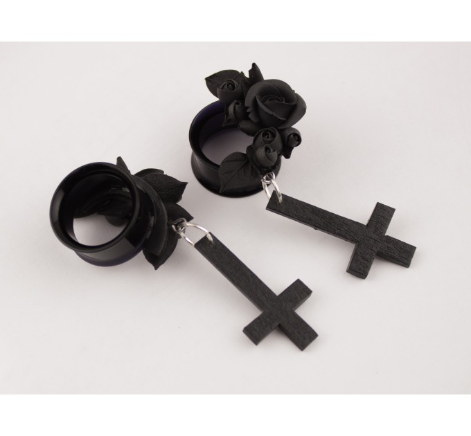 Gothic inverted cross earrings – black rose tunnel plugs