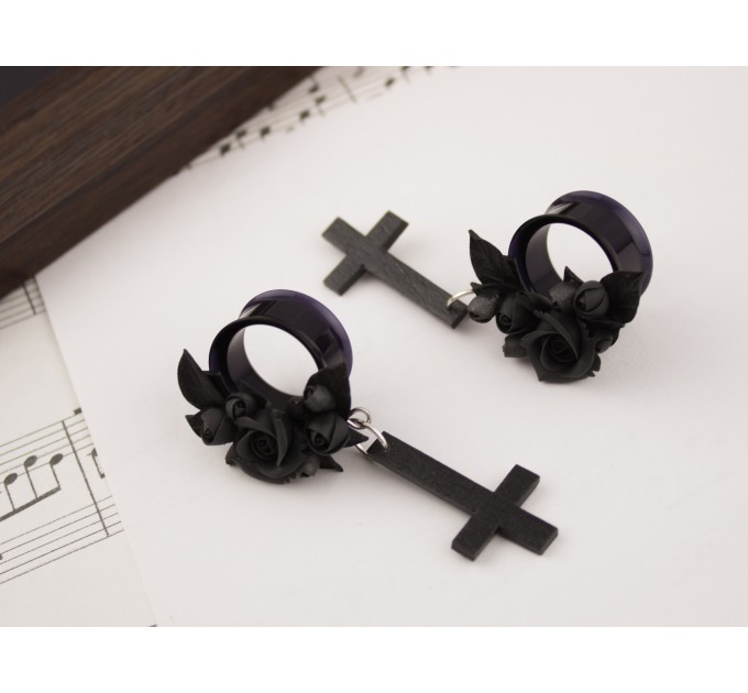 Gothic inverted cross earrings – black rose tunnel plugs