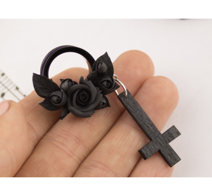 Gothic inverted cross earrings – black rose tunnel plugs