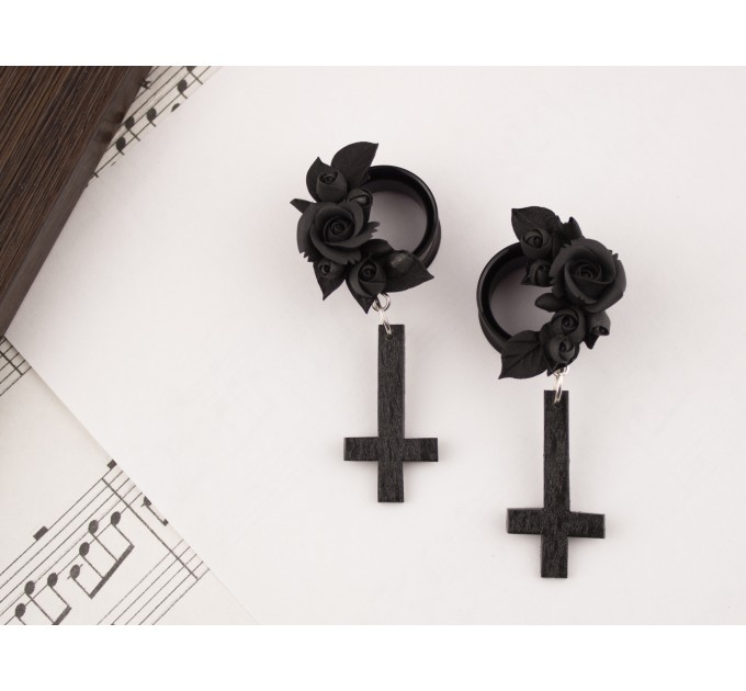 Gothic inverted cross earrings – black rose tunnel plugs