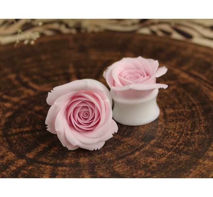 Blush soft pink rose bridal gauges, 6g – 20mm ear plugs
