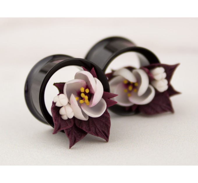 Floral plug – Cherry blossom wedding gauge earrings