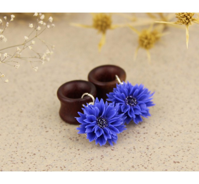 Botanical wood gauges – blue cornflower 00 ear plugs