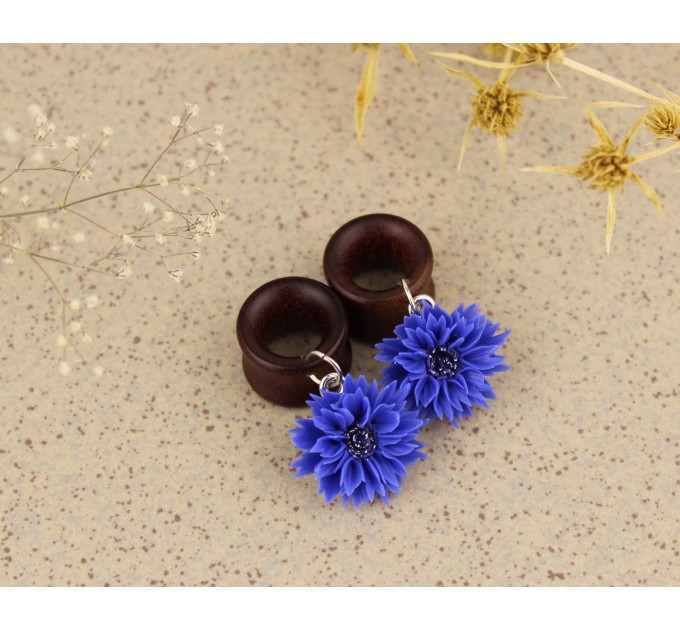 Botanical wood gauges – blue cornflower 00 ear plugs