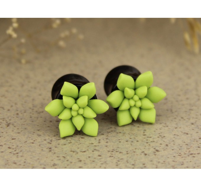 Sage green succulent ear gauge tunnels – cool plug earrings