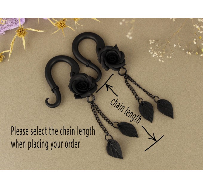 Gothic wedding dangle chain plug earrings for stretched ears Black rose and leaves Witch gift gauges Dark aesthetic