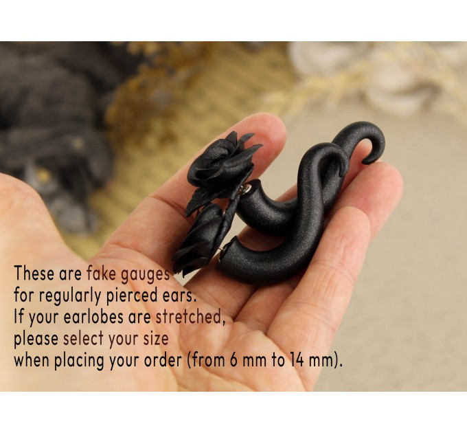 Gothic style black rose faux or real gauges Dark fashion jewelry for stretched ears Witch earrings Halloween