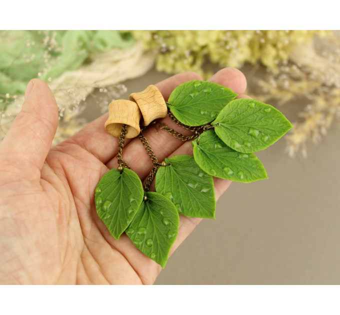 Dangle gauges for ears with green leaves and dewdrops