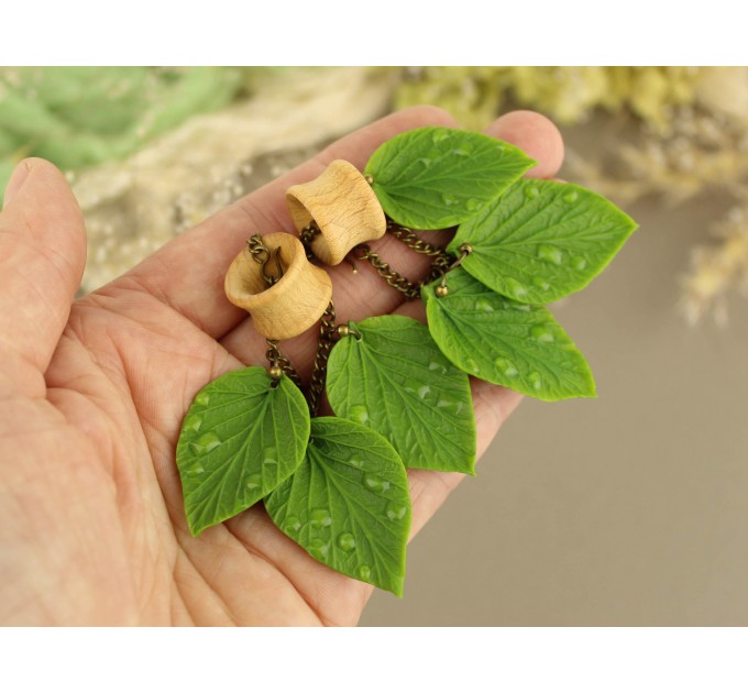 Dangle gauges for ears with green leaves and dewdrops