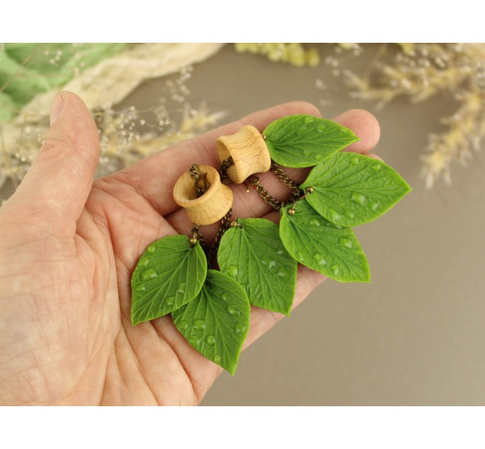 Dangle gauges for ears with green leaves and dewdrops