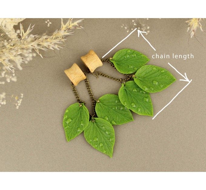 Dangle gauges for ears with green leaves and dewdrops