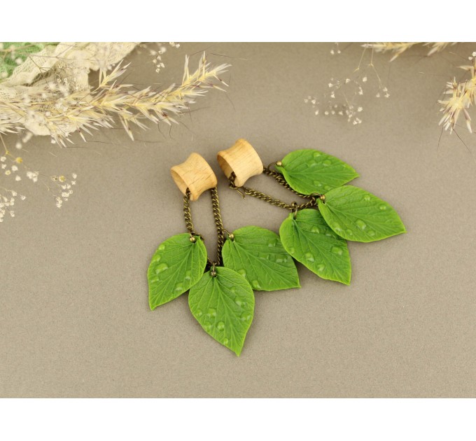 Dangle gauges for ears with green leaves and dewdrops