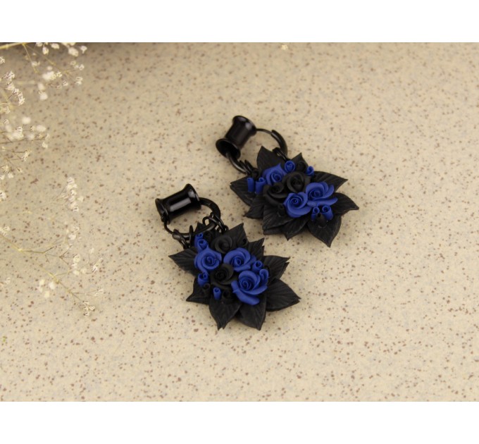 Navy blue and black stretched ears hoops – rose hangers