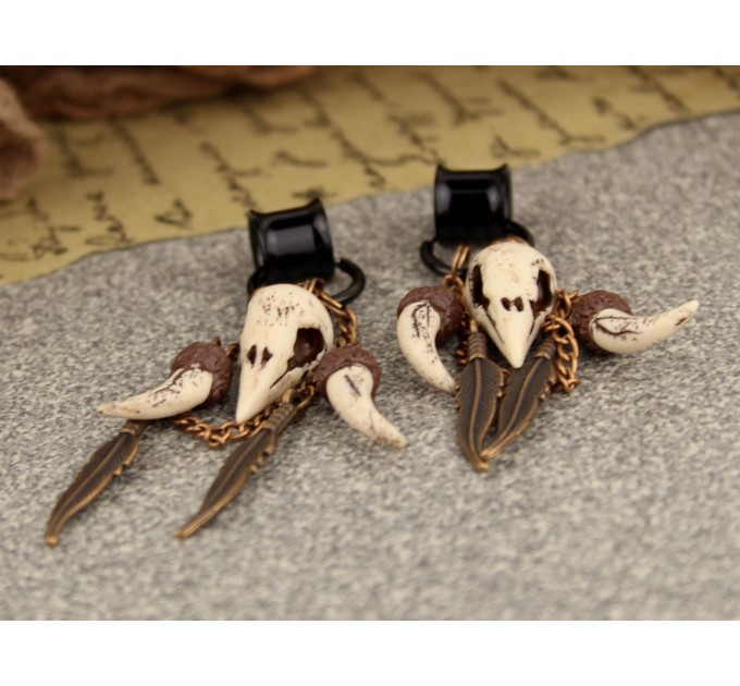 Gothic hoop hangers for tunnels Dangle earrings for stretched ears with Raven bird skull Copper chains Viking fangs and feathers Handmade