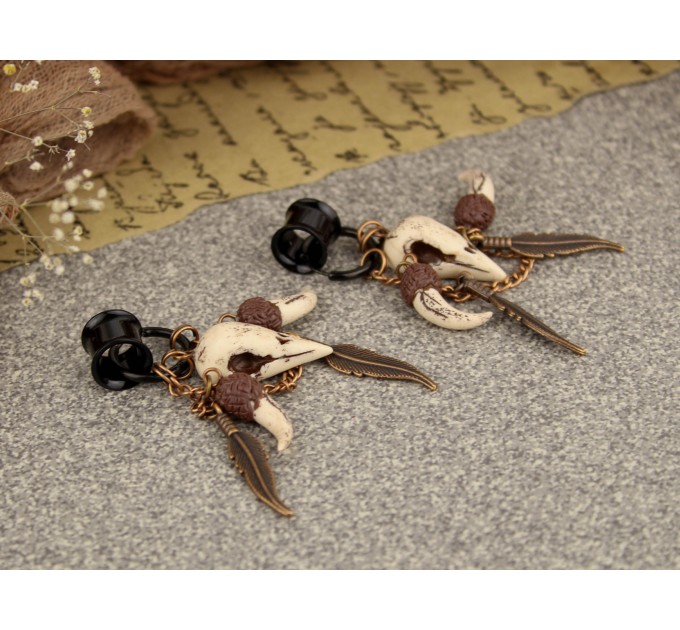 Gothic hoop hangers for tunnels Dangle earrings for stretched ears with Raven bird skull Copper chains Viking fangs and feathers Handmade