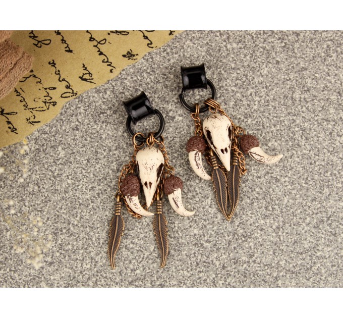 Gothic hoop hangers for tunnels Dangle earrings for stretched ears with Raven bird skull Copper chains Viking fangs and feathers Handmade