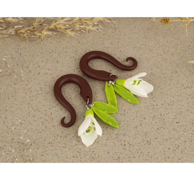 Snowdrop flower dangle gauge earrings
