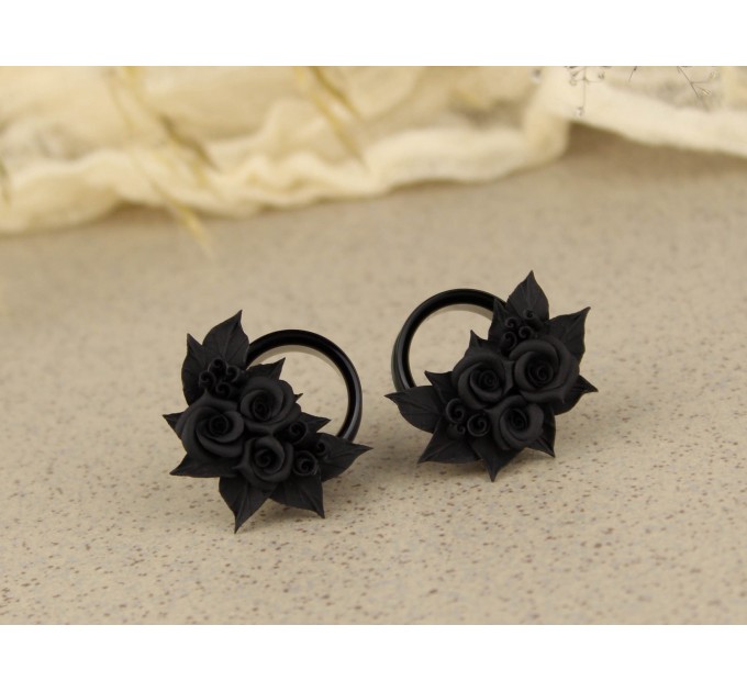 Handcrafted black rose ear tunnels for Goth weddings