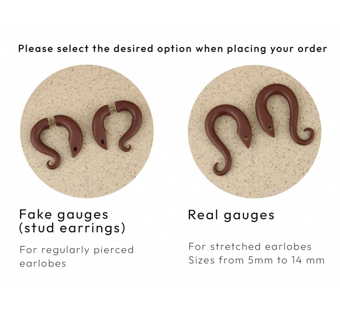 Handcrafted dangle gauges with brown leaves 