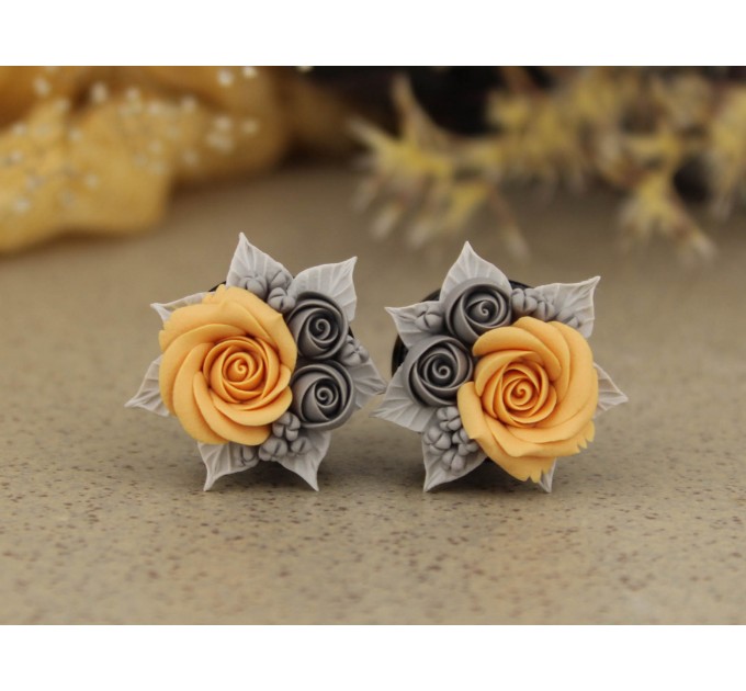 Gray peach wedding ear plugs Bridal earrings for stretched gauges Floral tunnels handmade 