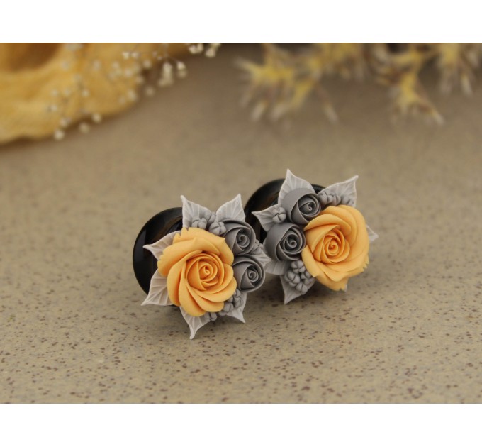 Gray peach wedding ear plugs Bridal earrings for stretched gauges Floral tunnels handmade 