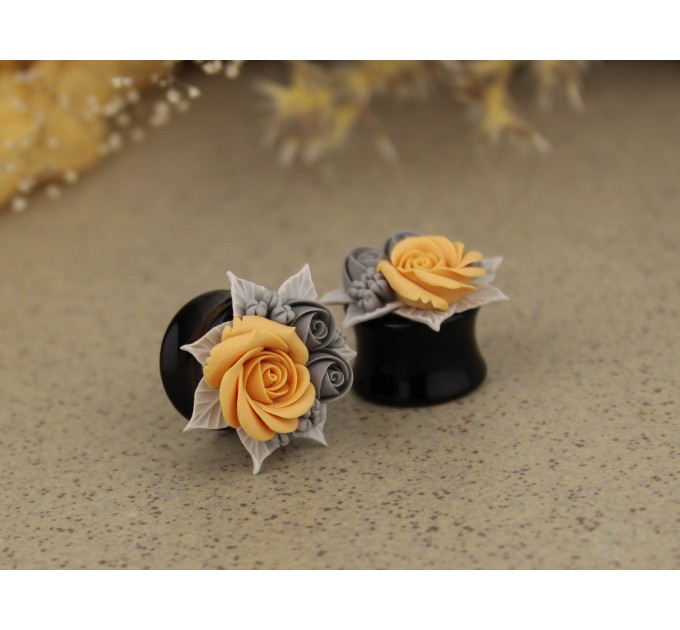 Gray peach wedding ear plugs Bridal earrings for stretched gauges Floral tunnels handmade 