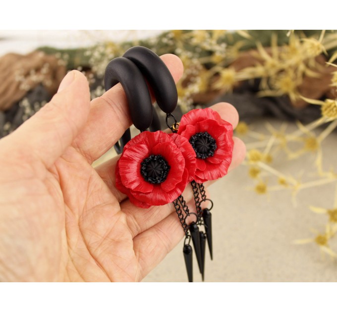 Red poppy flower custom ear gauges 