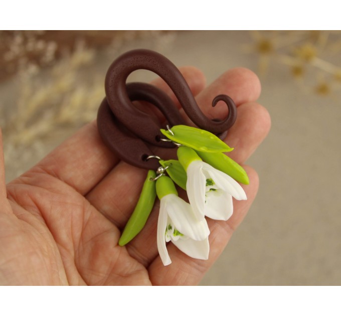 Snowdrop flower dangle gauge earrings