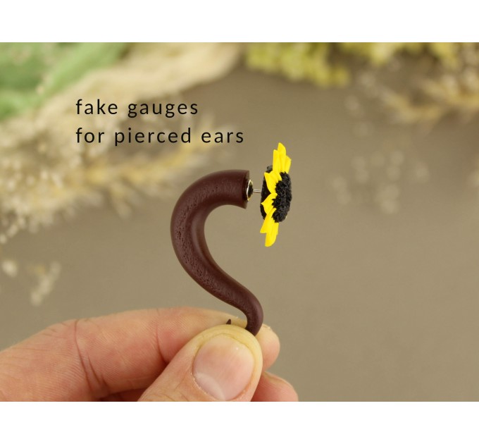 Handcrafted sunflower faux gauge earrings 