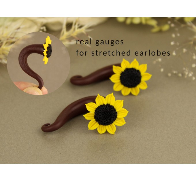 Handcrafted sunflower faux gauge earrings 