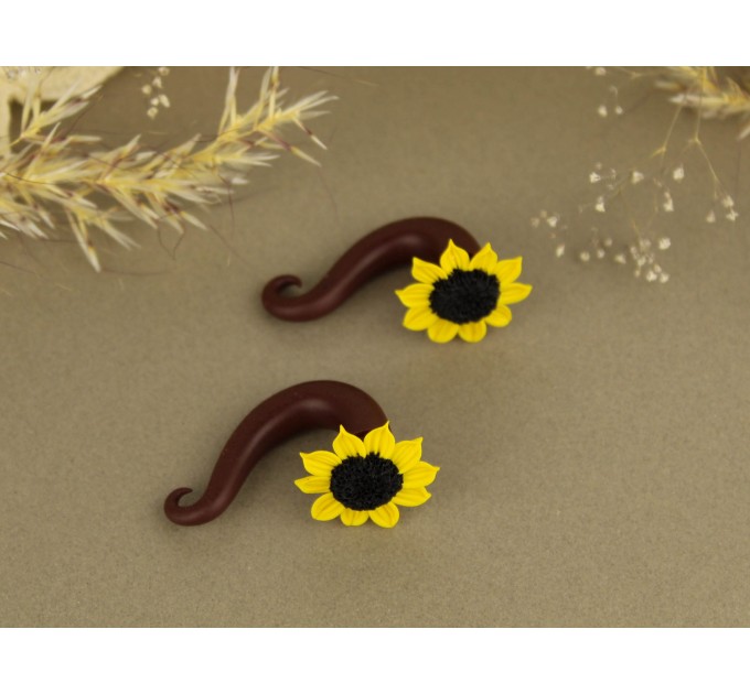 Handcrafted sunflower faux gauge earrings 