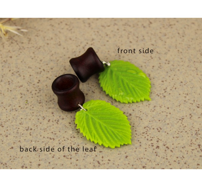 Spring leaf with dewdrops - wooden plugs for ears