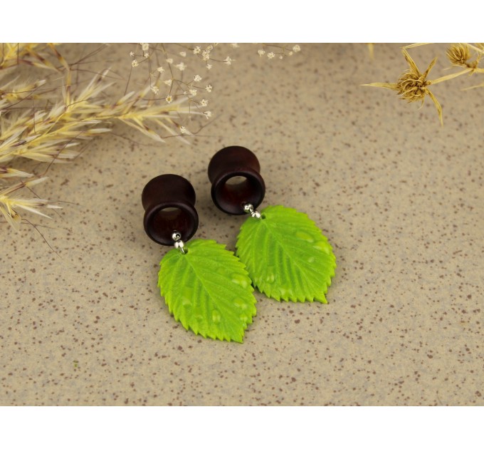 Spring leaf with dewdrops - wooden plugs for ears