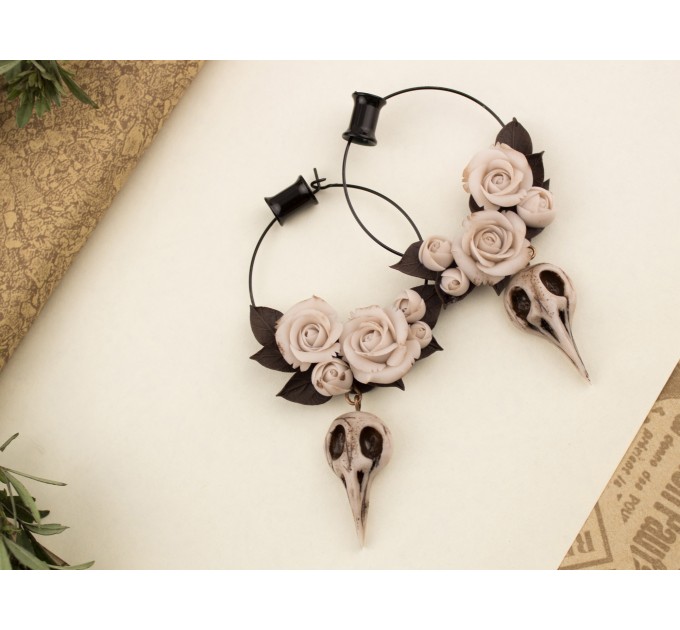 Ivory flowers beige roses brown leaves Hoop earrings Tunnel hangers for stretched ears Bird raven skull charm