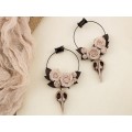 Ivory flowers beige roses brown leaves Hoop earrings Tunnel hangers for stretched ears Bird raven skull charm