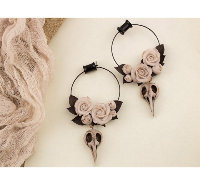 Ivory flowers beige roses brown leaves Hoop earrings Tunnel hangers for stretched ears Bird raven skull charm