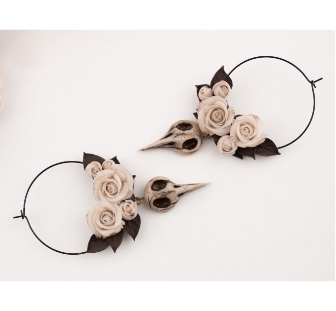 Ivory flowers beige roses brown leaves Hoop earrings Tunnel hangers for stretched ears Bird raven skull charm