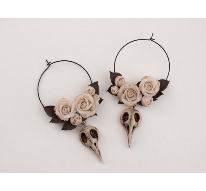 Ivory flowers beige roses brown leaves Hoop earrings Tunnel hangers for stretched ears Bird raven skull charm