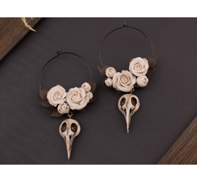 Ivory flowers beige roses brown leaves Hoop earrings Tunnel hangers for stretched ears Bird raven skull charm