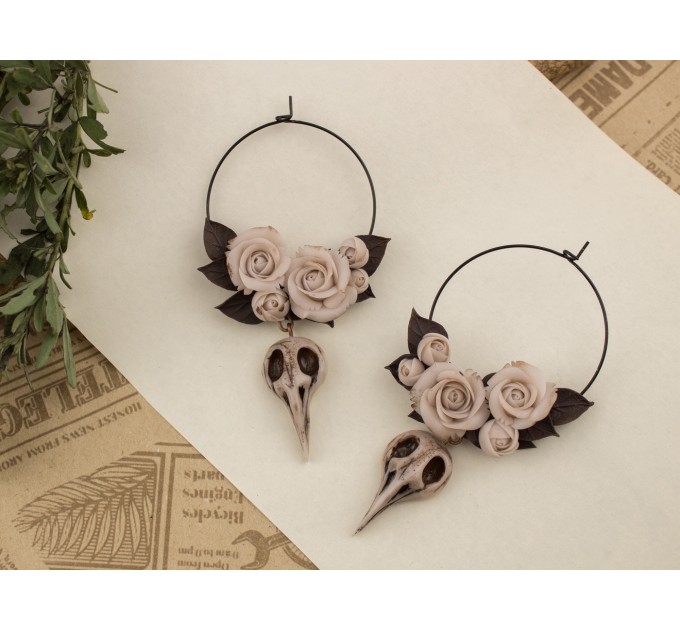 Ivory flowers beige roses brown leaves Hoop earrings Tunnel hangers for stretched ears Bird raven skull charm