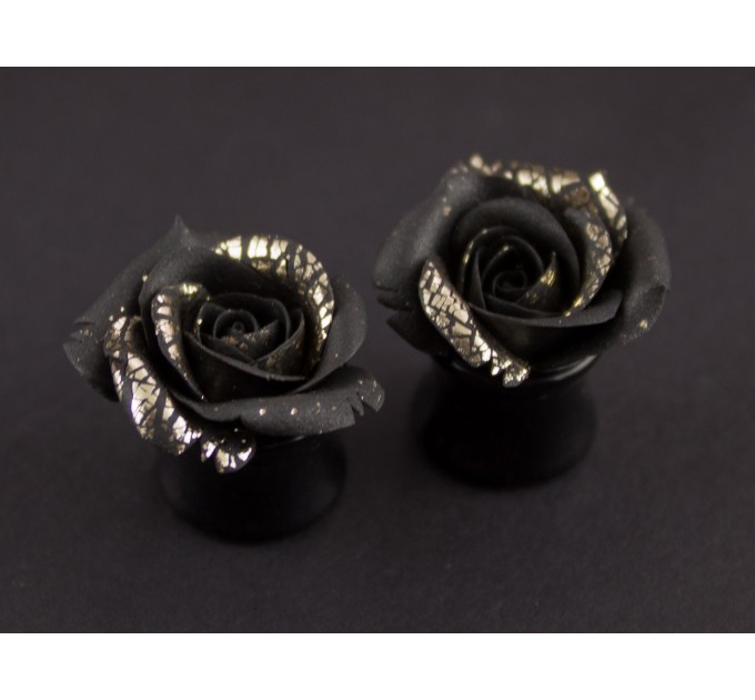 Rose tunnel ear plugs, burgundy & gold 6g earrings