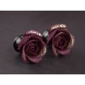 Rose tunnel ear plugs, burgundy & gold 6g earrings
