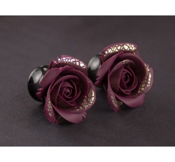 Rose tunnel ear plugs, burgundy & gold 6g earrings