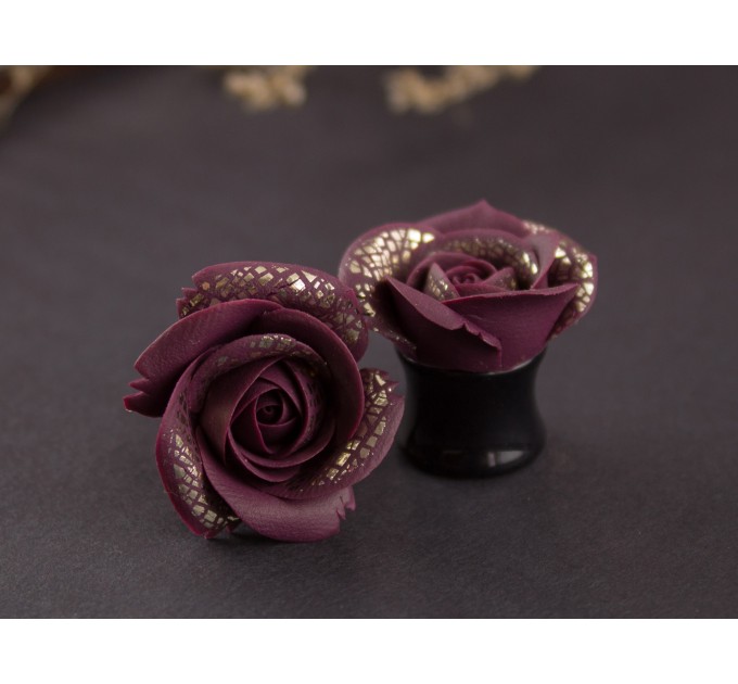 Rose tunnel ear plugs, burgundy & gold 6g earrings