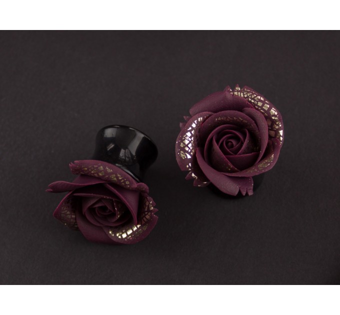 Rose tunnel ear plugs, burgundy & gold 6g earrings